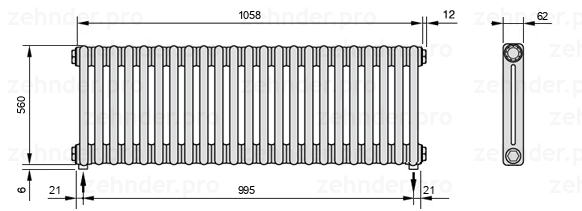 Схема (чертеж) Радиатор Zehnder Charleston 2056/23 №3570 Белый глянцевый RAL 9016